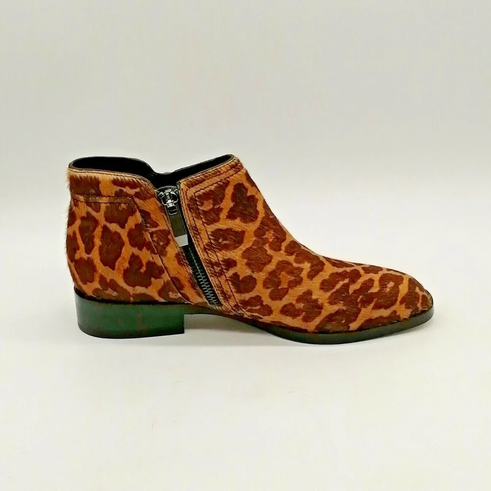 27 Edit Shoes Womens Capree Brown Leopard 7.5 Cow Fur Ankle Boot Dual Zip NEW‎
